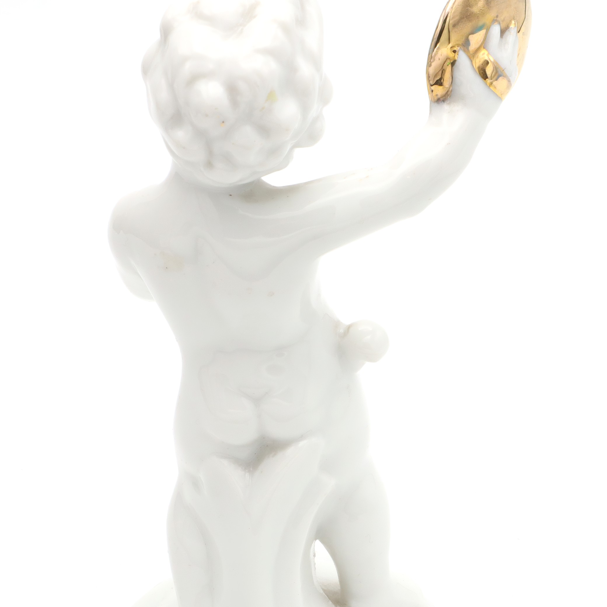 Porzellan-Figur Statue Miniatur Dekoratives Ornament Capodimonte Engel Putto Vergoldete Zimbeln Art Deco Handbemalt, Vintage Keramik Sammlerskulptur